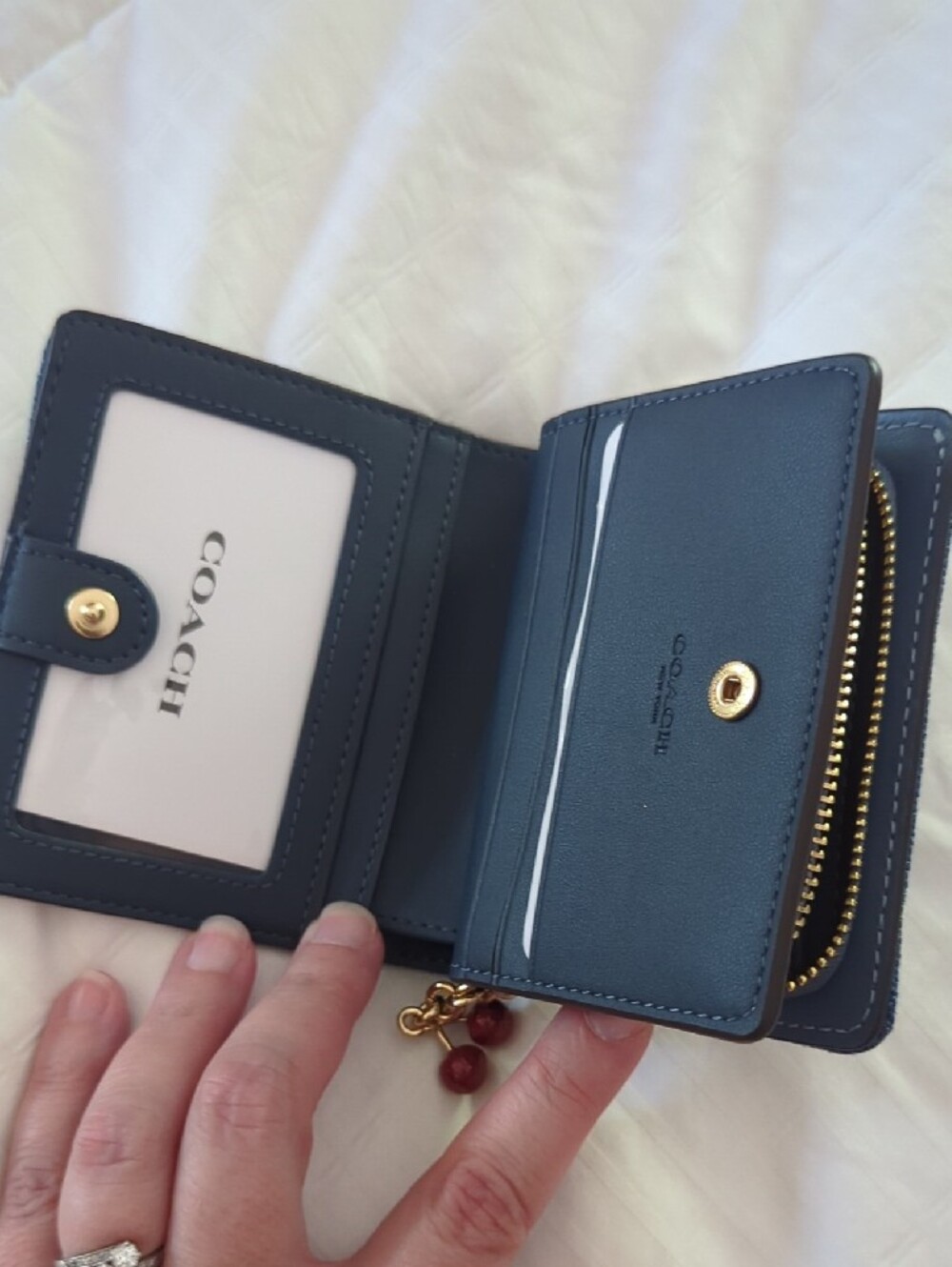 NWT- Coach Light Blue Loved Denim Zip Wallet with Cherry Charm - Picture 3 of 9